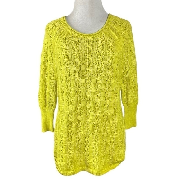 Anthropologie Sparrow Sweater XS 100% Cotton Yellow Chartreuse Open Knit Crochet - Picture 4 of 13